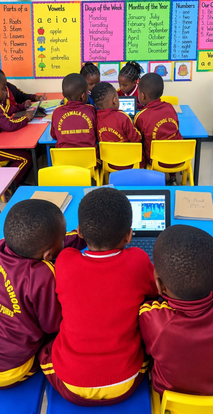 Myfin School learners in maroon tracksuits working on laptops and tablets during an AI lesson