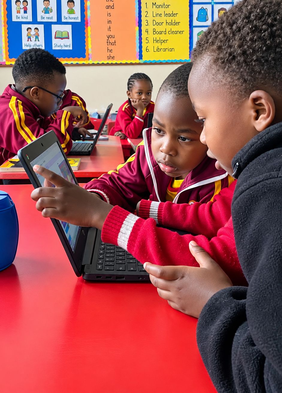 Myfin School learners taking turns on a laptop during an AI and robotics lesson