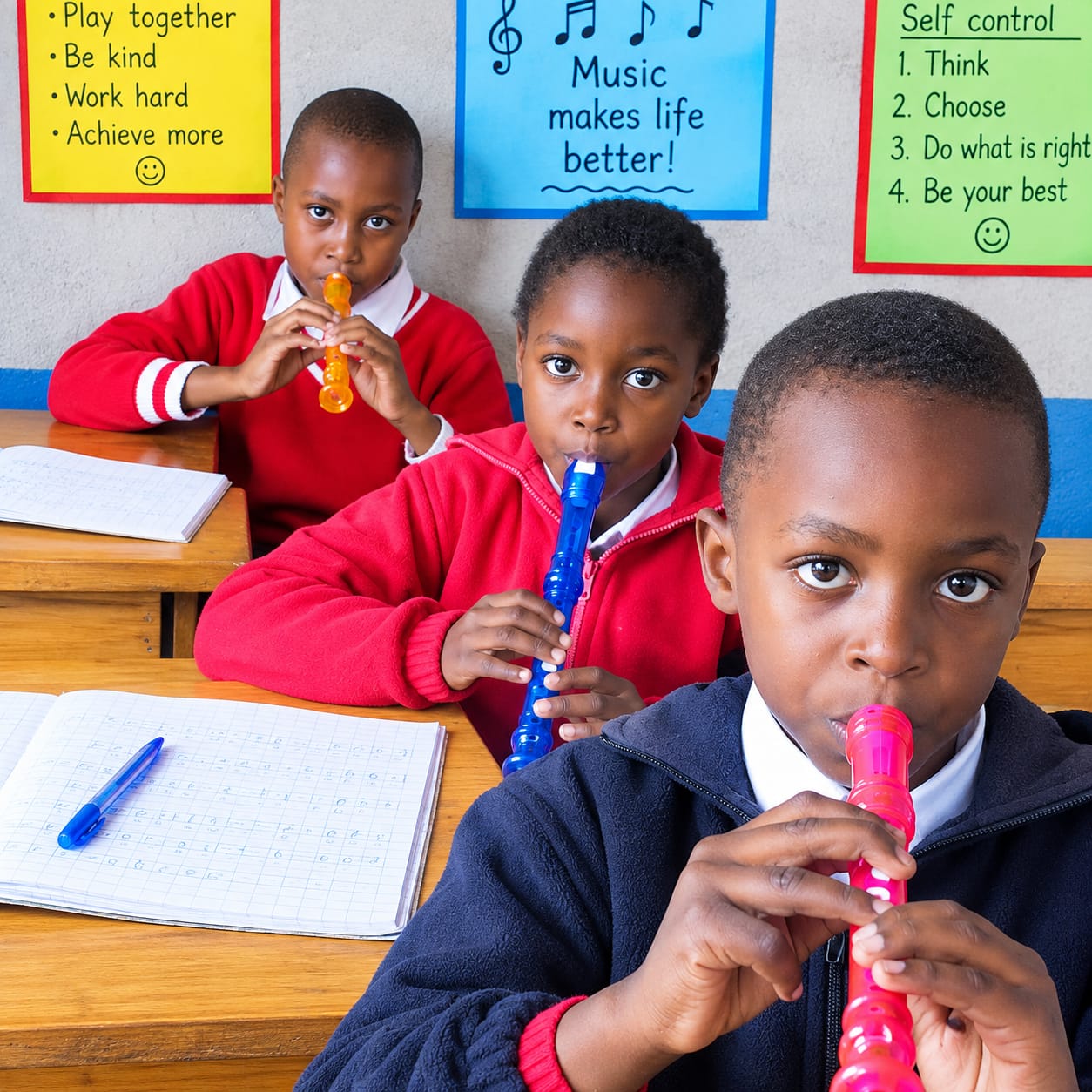 Myfin School learners playing recorders together in a music class