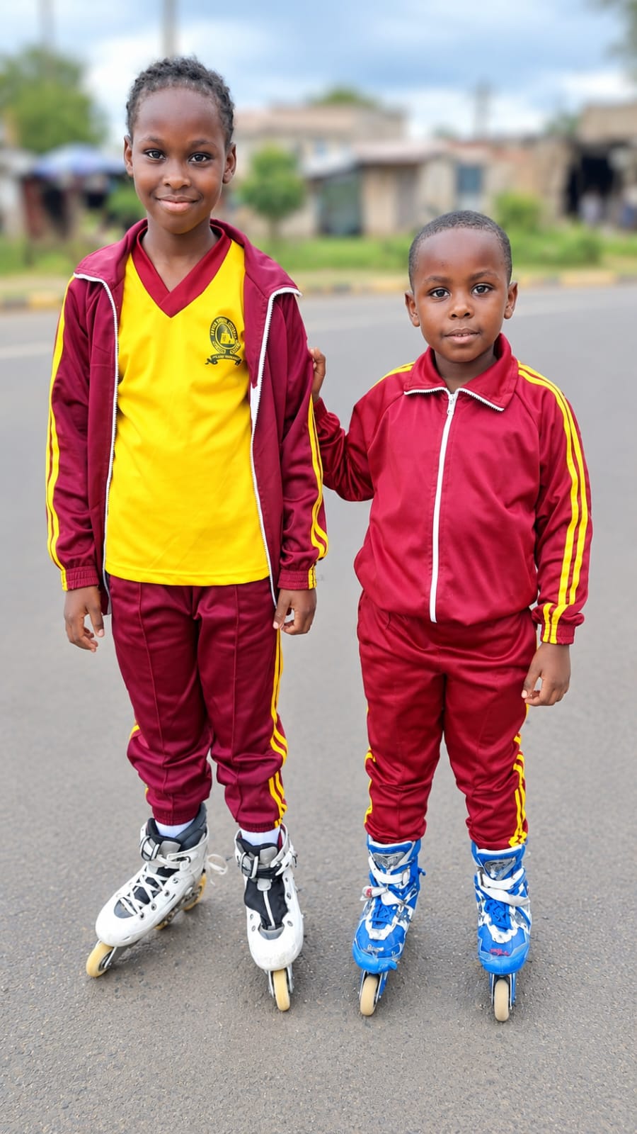 Two Myfin School skaters in maroon tracksuits standing with their skating gear