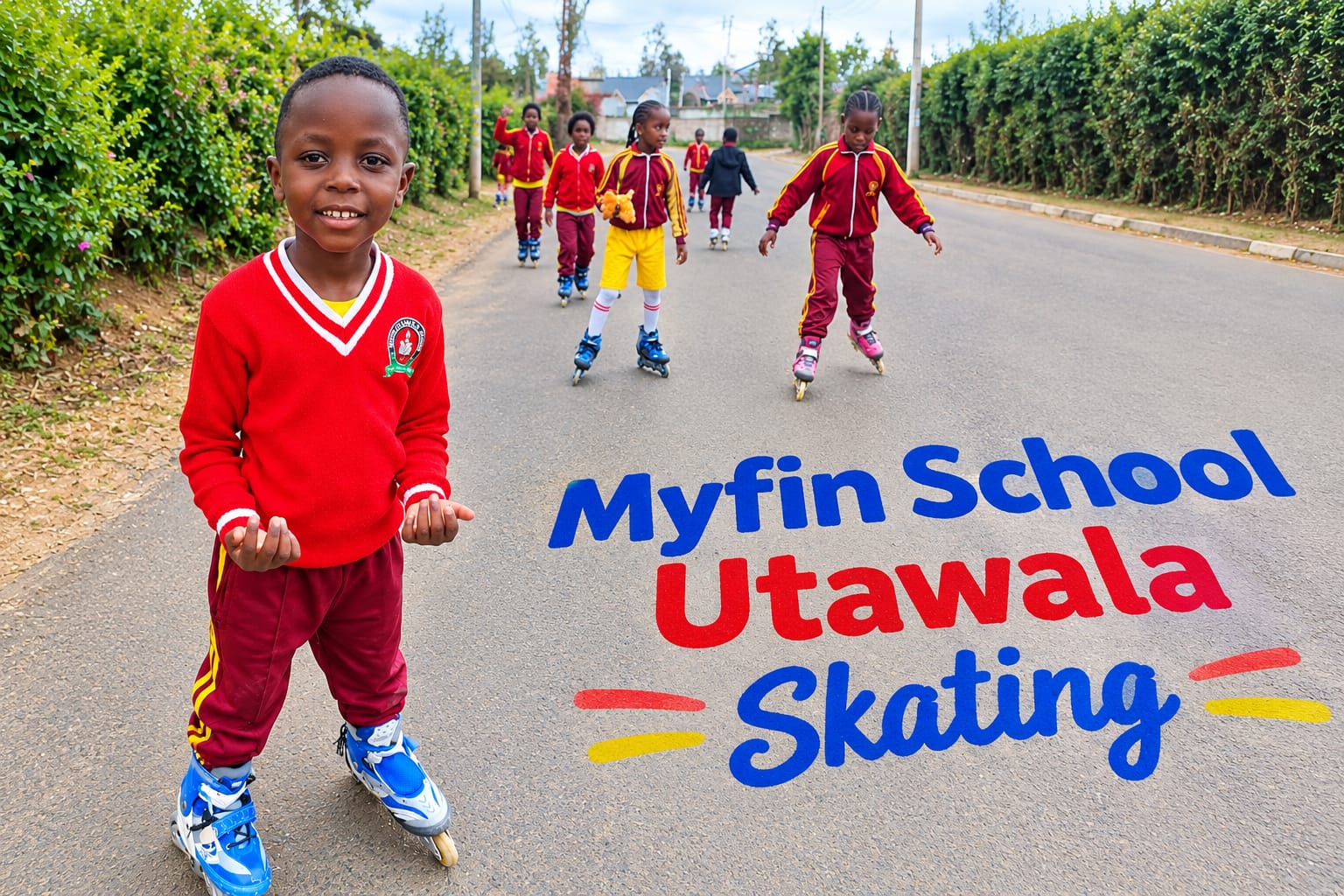 Young Myfin School skater smiling in front of the skating squad on the road