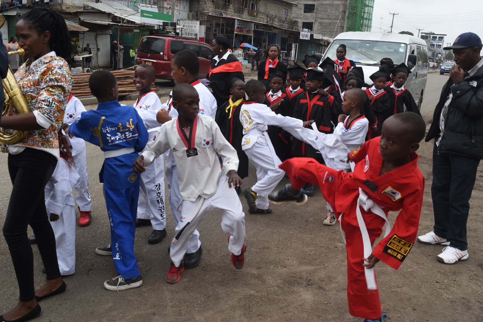 Myfin School taekwondo students performing during a school parade